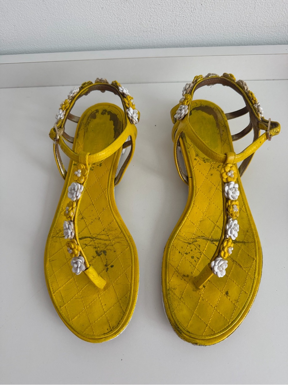 Chanel  Yellow Floral T-Strap Sandals